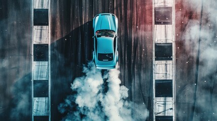top view of an aerial shot from above of the race track, a cyan car doing burnout on it, smoke coming out of its back wheel and black asphalt