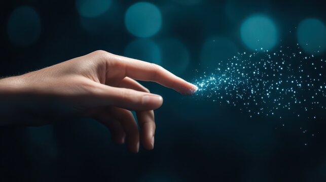 A hand reaching out with sparkling particles emanating from the fingertip, creating a magical effect, Ideal for themes of creativity, inspiration, technology, or innovation in marketing materials,
