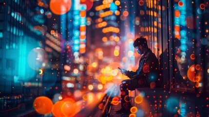 Man Using Smartphone in City with Bokeh Lights