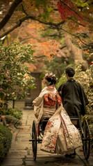 Obraz premium Traditional Japanese Couple in Kimono Enjoying a Rickshaw Ride Through a Serene Autumn Garden