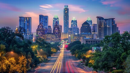 Naklejka premium Austin cityscape in the evening with twilight sky and skyscrapers