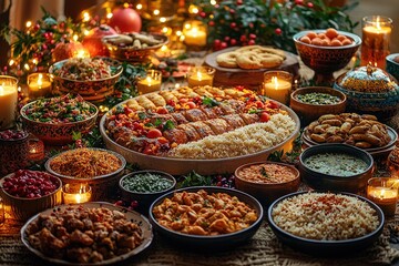Fototapeta premium Festive holiday feast with candlelight and gourmet dishes in a cozy setting
