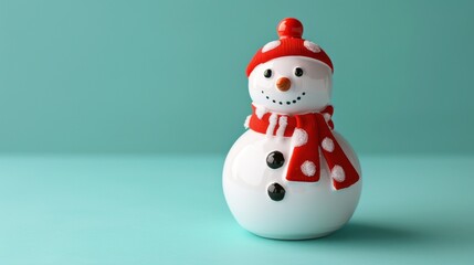 Fototapeta premium A cheerful snowman stands sideways against a solid background, showcasing its festive decorations and a friendly smile while capturing the essence of winter joy