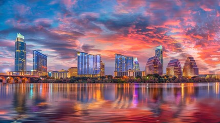 Austin skyline at sunset with vibrant sky hues and city lights