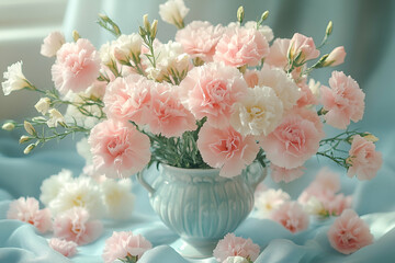 A soft arrangement of pink and white carnations in a delicate vase, surrounded by petals, creating a serene floral display.