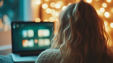 A person is seated in a cozy room, looking at a laptop screen illuminated by warm fairy lights in the background, creating a calming ambiance, This image is ideal for content related to remote work