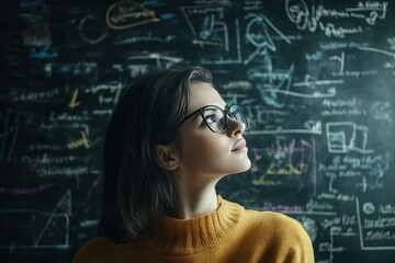 Thoughtful Woman in Glasses Against Chalkboard Background