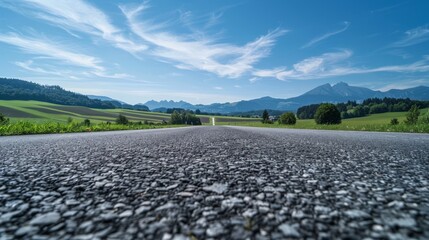 Austrian asphalt road stretching into the horizon under a clear blue sky