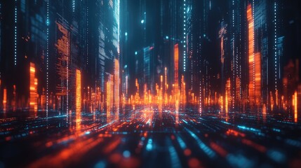 Futuristic financial market data visualization displaying dynamic candlestick charts and fluctuating graphs against a night skyline. Ideal for finance presentations, trading analytics
