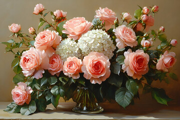 A beautiful bouquet featuring pink roses and white hydrangeas, arranged elegantly in a decorative vase.