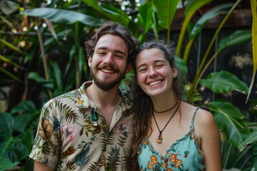 Portrait of a happy couple in their 20s sporting a technical climbing shirt in front of lush green garden
