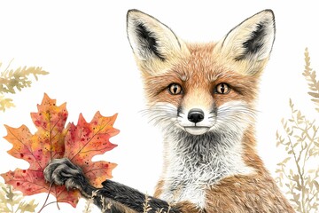 Fototapeta premium Playful Fox Holding Autumn Leaves in a Forest