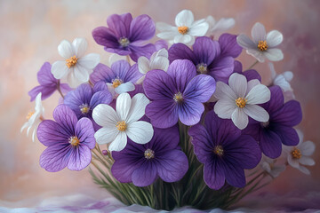 A stunning bouquet of purple and white flowers, showcasing delicate petals and vibrant colors against a soft, blurred background.