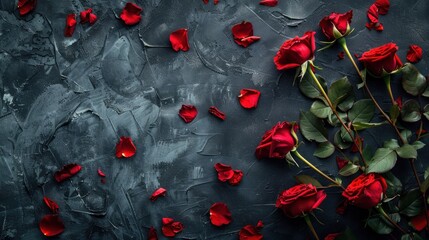 flat lay of a dark grey background with red roses and rose petals on the side