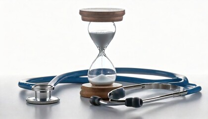 Hour glass with stethoscope on white background
