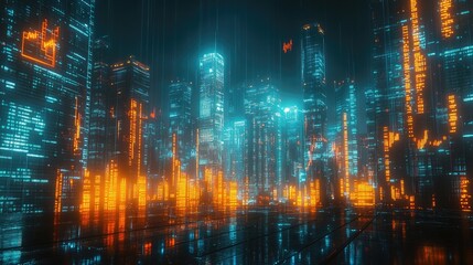 Fototapeta premium Futuristic financial market data visualization displaying dynamic candlestick charts and fluctuating graphs against a night skyline. Ideal for finance presentations, trading analytics