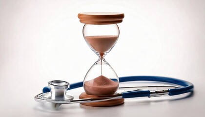 Hour glass with stethoscope on white background