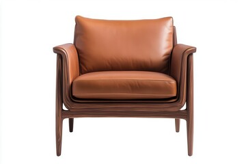 A stylish, modern brown leather chair with a sleek wooden frame, perfect for adding elegance to any living space.