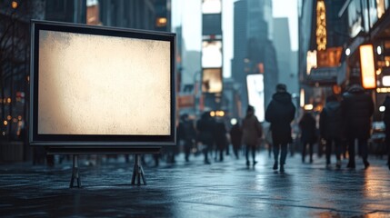 Billboard background with a dark, textured surface ready for an ad, positioned against a modern, bustling downtown area with people walking by.