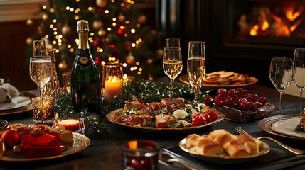 A table with a Christmas tree in the background and a variety of food and drinks. The table is set with many wine glasses, forks, knives, and spoons