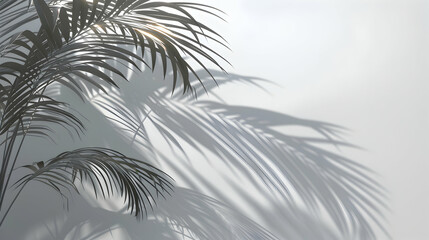 Palm tree leaves casting shadows on a white wall with sunlight.