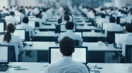 Obraz premium A Busy Office Environment Captured from Behind Focus on Workers at Desks
