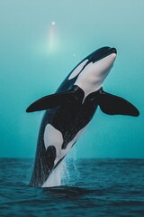 A black and white orca whale leaps out of the water, creating a spray of water behind it.