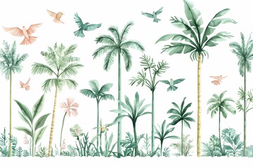 Obraz premium Tropical Rainforest with Birds Flying in Lush Greenery
