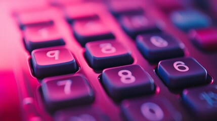 Close-Up of Calculator Keypad in Pink and Purple Lighting