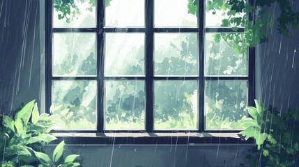 Fototapeta premium Rainy day window view, cozy vibes and relaxing atmosphere of a rainstorm outside