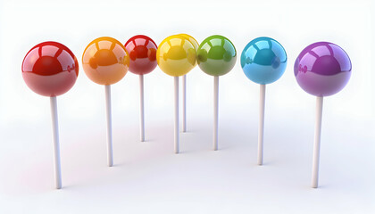 Seven colorful lollipops on white background.
