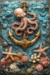 Octopus clinging to a golden anchor surrounded by an underwater scene with coral starfish and seashells  .
