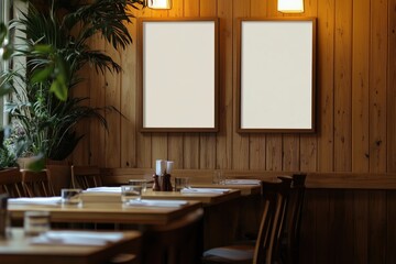 Blank wooden frame mockups on cozy restaurant wall with tables set for dining. Concept of interior decor and menu display.