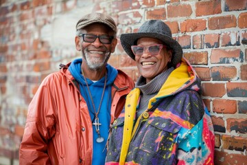 Portrait of a glad multiethnic couple in their 60s wearing a vibrant raincoat isolated on vintage brick wall