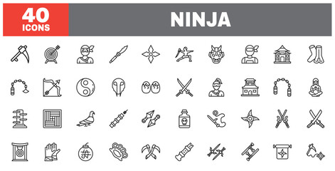 Set of 40 line icons ninja. Outline icon collection. Editable stroke. Vector illustration. © moreicon