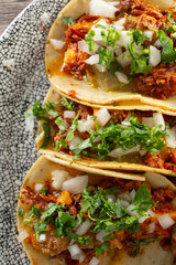 A top down view of a plate of al pastor tacos.