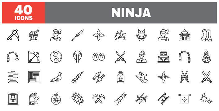 Set of 40 line icons ninja. Outline icon collection. Editable stroke. Vector illustration.