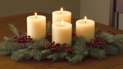 Warm Holiday Centerpiece with Candles and Greenery