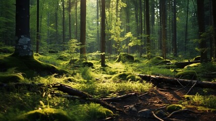 Obraz premium Bright green grass glowing in the evening sun in a dense forest