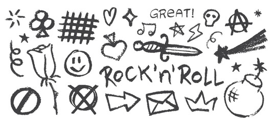 Crayon Pencil Gray Punk Rock Squiggles Vector Set. Chalk Scribble Graffiti Shapes Collection. Color Hand Drawn Brush Texture Scull, Heart, Arrow and Crown Squiggles. Pencil Elements Charcoal Doodles