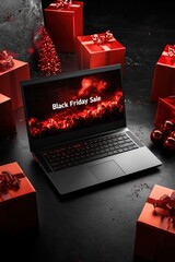 Obraz premium Laptop showcasing Black Friday sale surrounded by red gift boxes