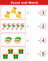 Fototapeta premium Christmas activity sheet. Counting educational children game. Math kids activity sheet. How many counting game with cute christmas illustration. 