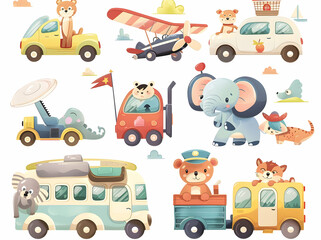 Cute cartoon animals in different vehicles, including a car, plane, bus, and truck.