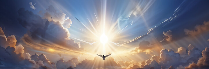 Holy Spirit White Dove silhouette Flying In Heaven Clouds Sunset Faith Religious Conviction Pentecost Easter Christian Spirituality Banner