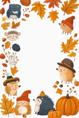 Adorable autumn-themed illustration with cute woodland creatures and leaves