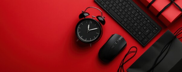 Black clock and computer accessories on a modern workspace