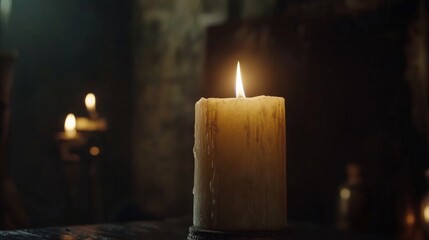 Warm Glow of a Flickering Candle in Dark Room