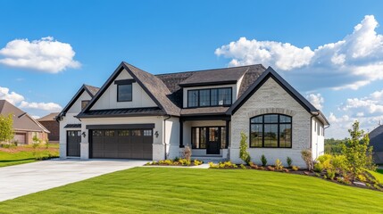 Fototapeta premium A large house with a white exterior and black trim