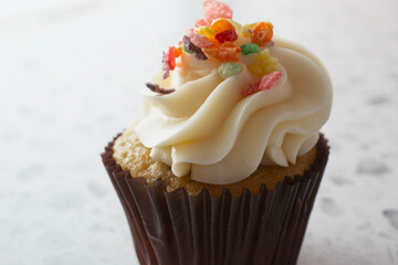 A view of a fruit cereal cupcake.