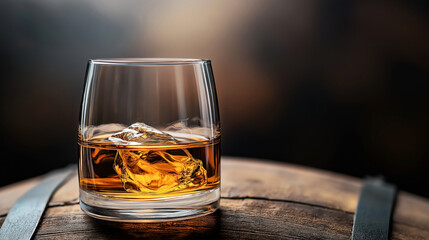 Close-up of a glass of whiskey with ice on a wooden barrel in a dimly lit environment
